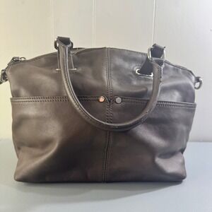 Tignanello Brown Leather Satchel Handbag Silver Hardware Striped Lining Womens